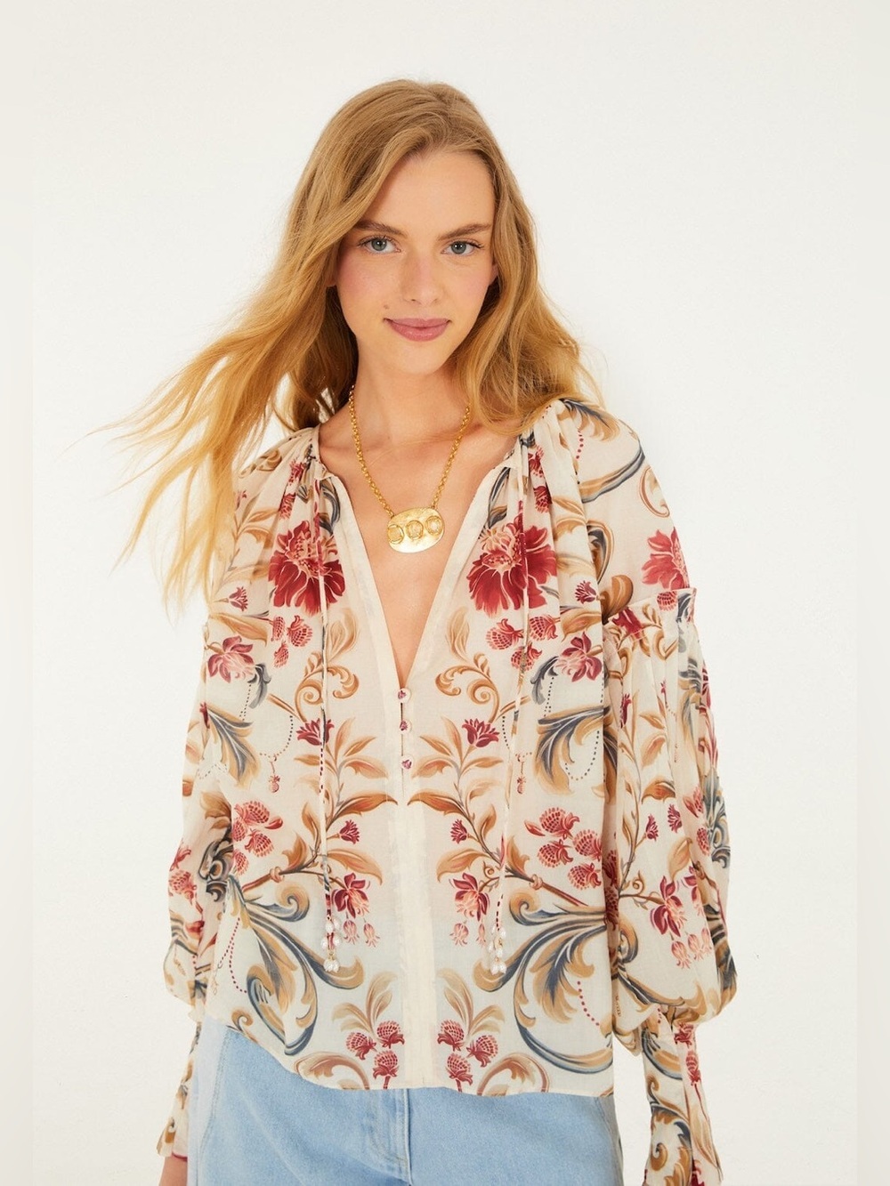 Farm Rio: Sand Royal Garden Tassels Blouse